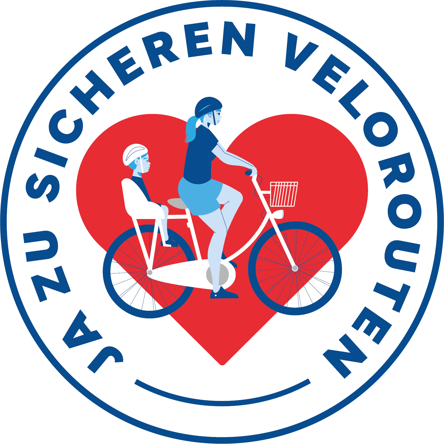 Kreisrundes Logo der Initiative; Text "Ja zu sicheren Velorouten", darin eine Frau auf dem Velo mit Kind im Kindersitz, im Hintergrund ein rotes Herz.